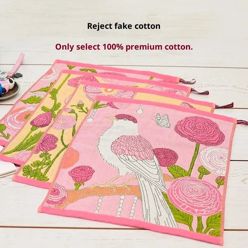 Class A pure cotton gauze square towel 40x34cm multipack with printed colour patterns on white background