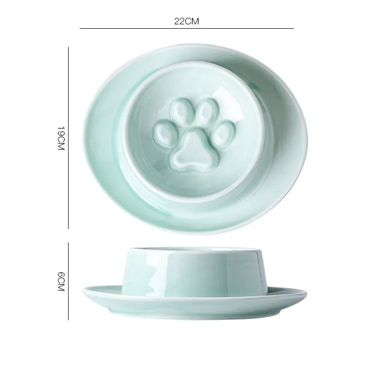 Green ceramic slow feeder pet bowl with neck protection collar and anti-knock base