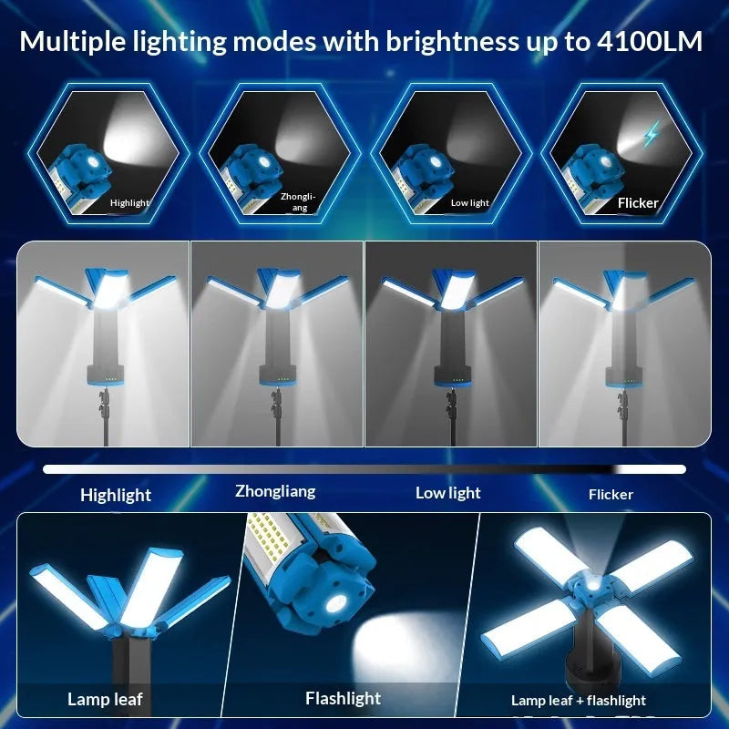 Blue outdoor multi-function LED work light with four-leaf fold design, folding bracket, and storage bag