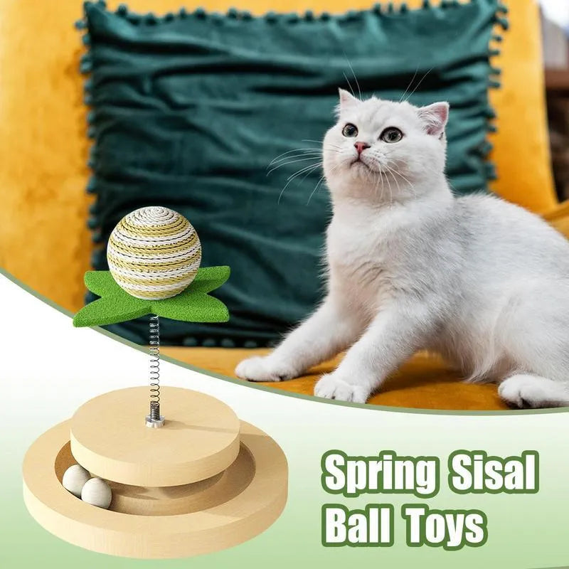 Green sisal cat toy with multi-layer rotating ball track and spring ball for indoor feline play