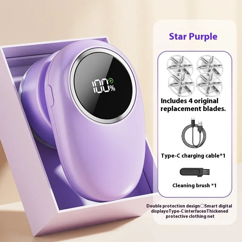 Digital fur ball trimmer with multiple cutter heads in purple or beige colour options
