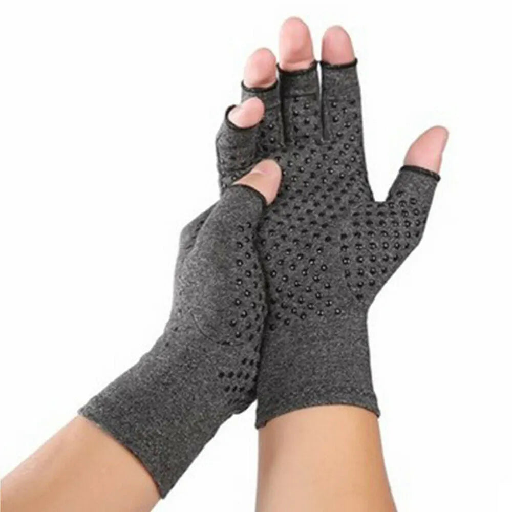Grey half-finger joint compression gloves with anti-slip palm, shown flat.