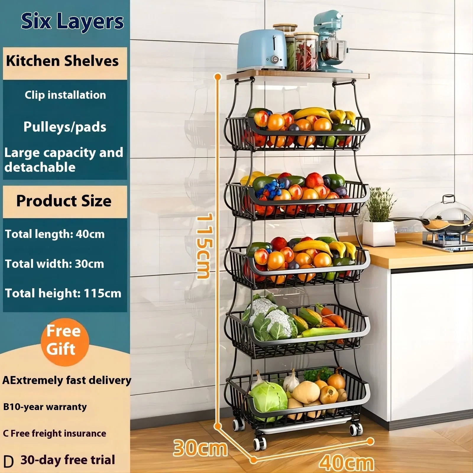 Black six-layer foldable floor storage rack with carbon steel frame