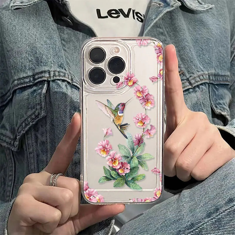 Flower Magpie fine hole all-inclusive TPU phone case for iPhone in transparent finish