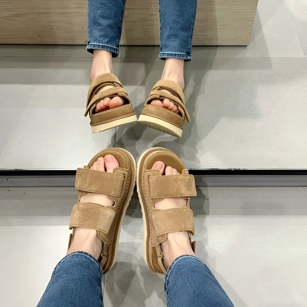 Women's maroon plus size suede platform sandals with peep toe and Velcro strap.