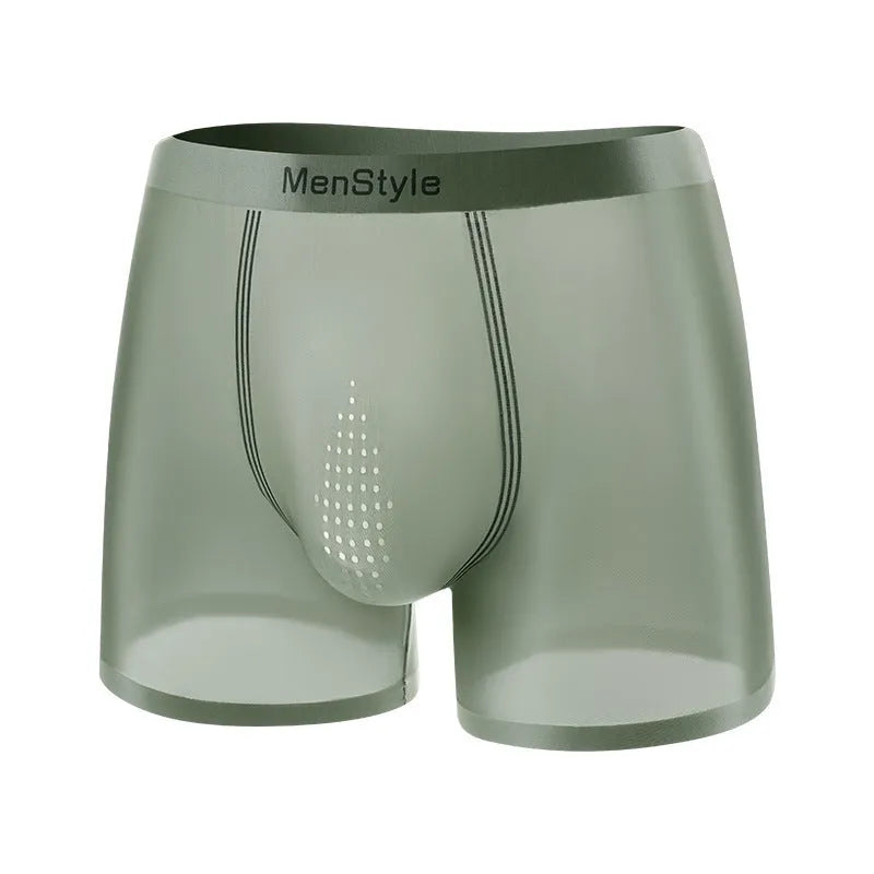 Men's seamless satin ice silk boxer shorts in flesh tone colour with mid-waist design