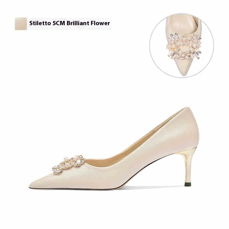 French wedding crystal bridal high heels with rhinestones, pointed toes, and choice of stiletto or cat heel styles