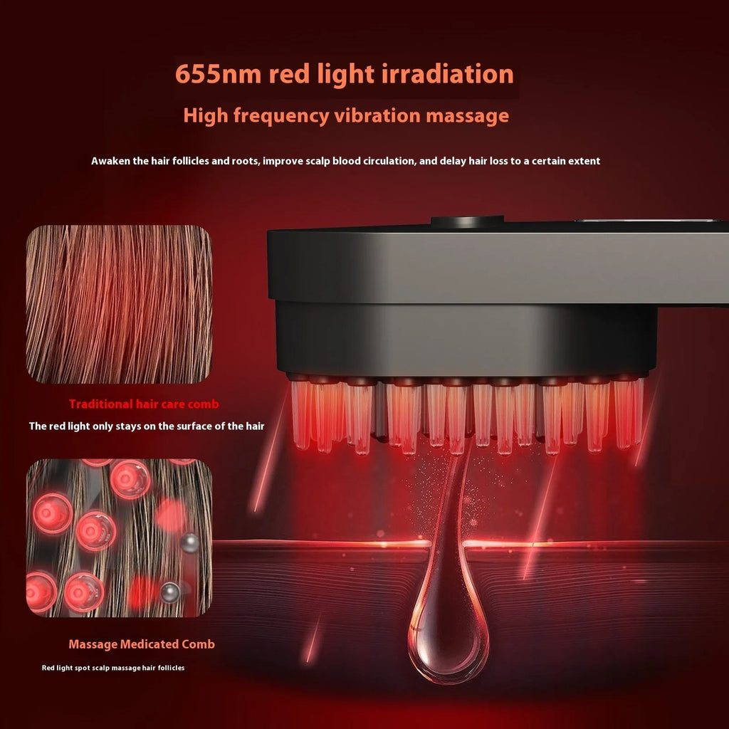 Smart massage comb with red light therapy in black or pink colours, less than 10cm size