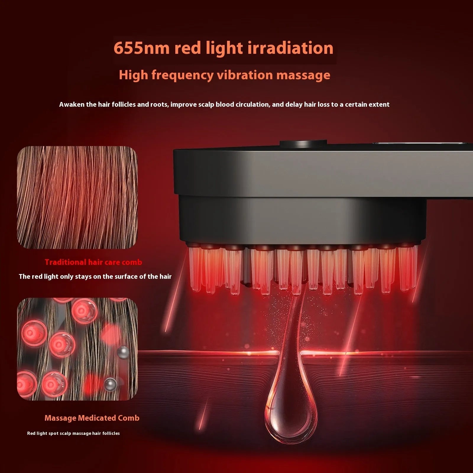Smart massage comb with red light therapy in black or pink colours, less than 10cm size