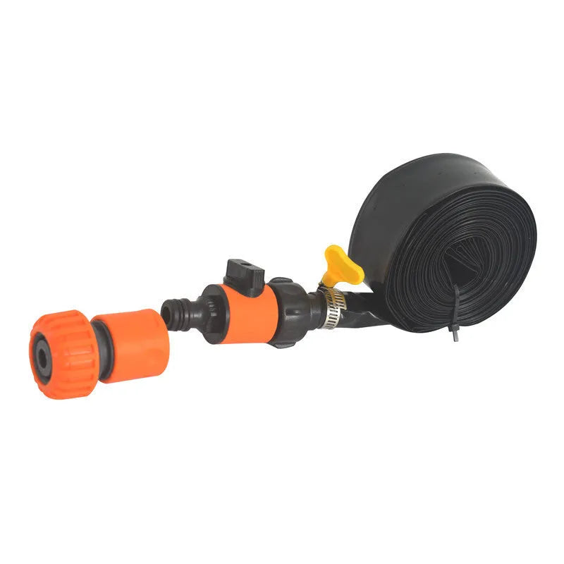 Blue portable garden sprinkler with solar panel on PVC hose for garden watering.