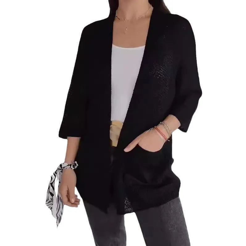 Women's thin waffle knit cardigan coat with nine-quarter sleeves in army green.