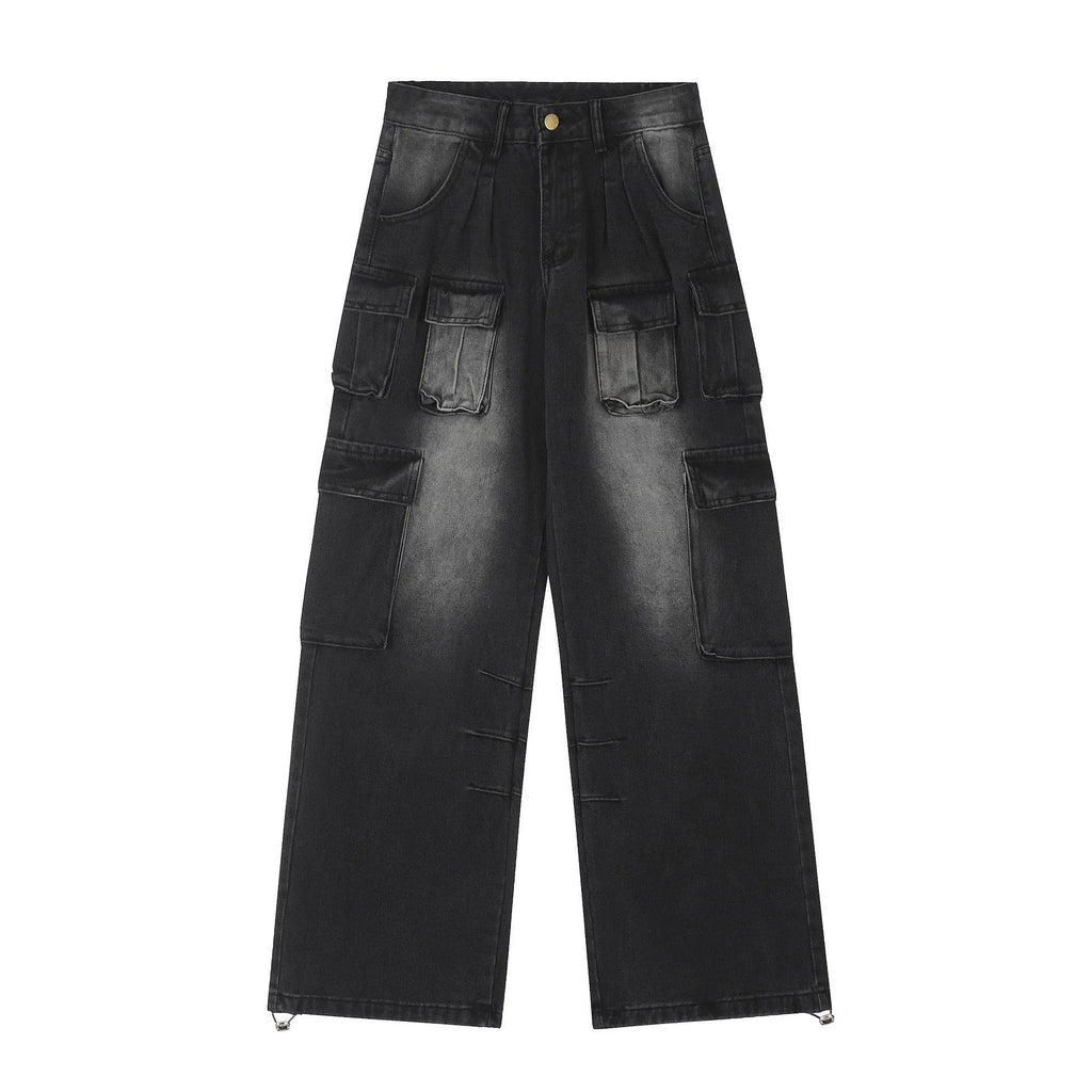 Men's light blue loose fit distressed denim jeans with multiple pockets in straight leg street style