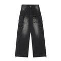 Men's light blue loose fit distressed denim jeans with multiple pockets in straight leg street style