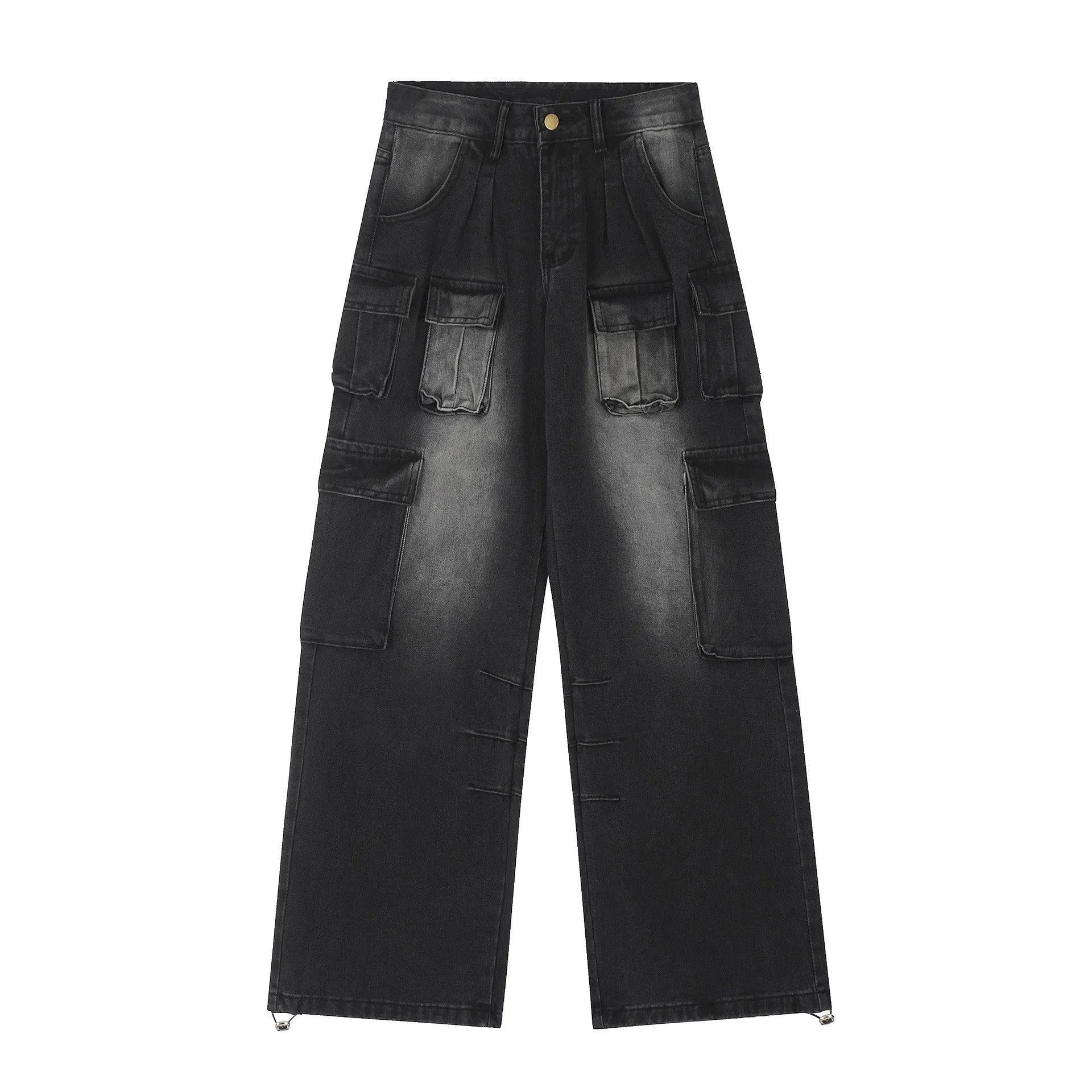 Men's light blue loose fit distressed denim jeans with multiple pockets in straight leg street style