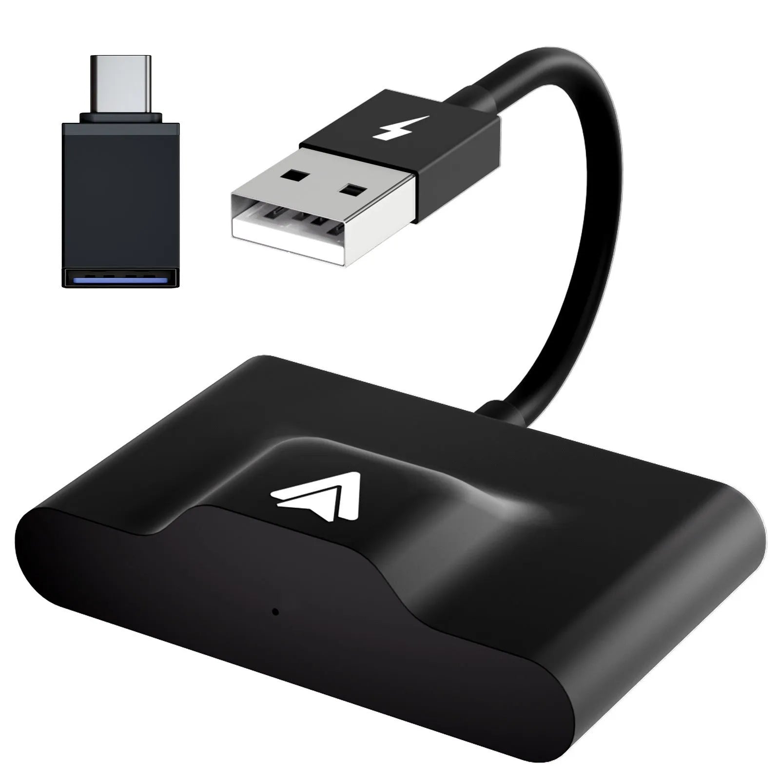 Car wired to wireless Android adapter in black and white colour variants for connecting phones to factory CARPLAY systems.