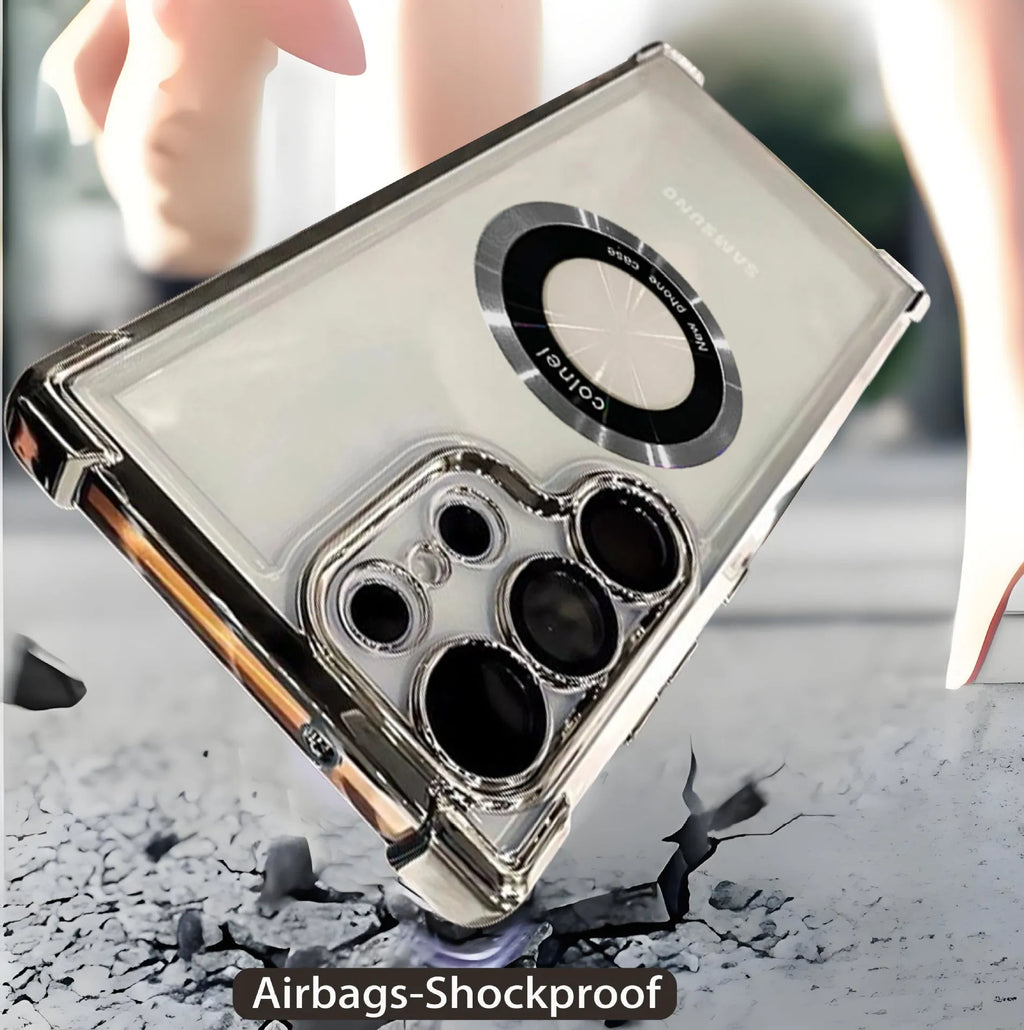 Hard TPU acrylic PC phone case with magnetic suction and electroplating finish for Samsung S23 Ultra, transparent back, colour Black