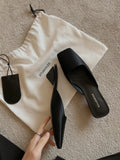 French style square toe satin muller sandals with triangle heel in Dark Night Black