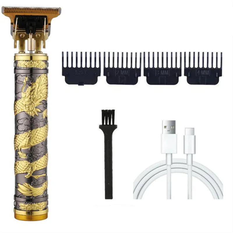 Carved rechargeable electric hair clipper with retro oil head design, 5W copper core motor, and multiple colour specifications.