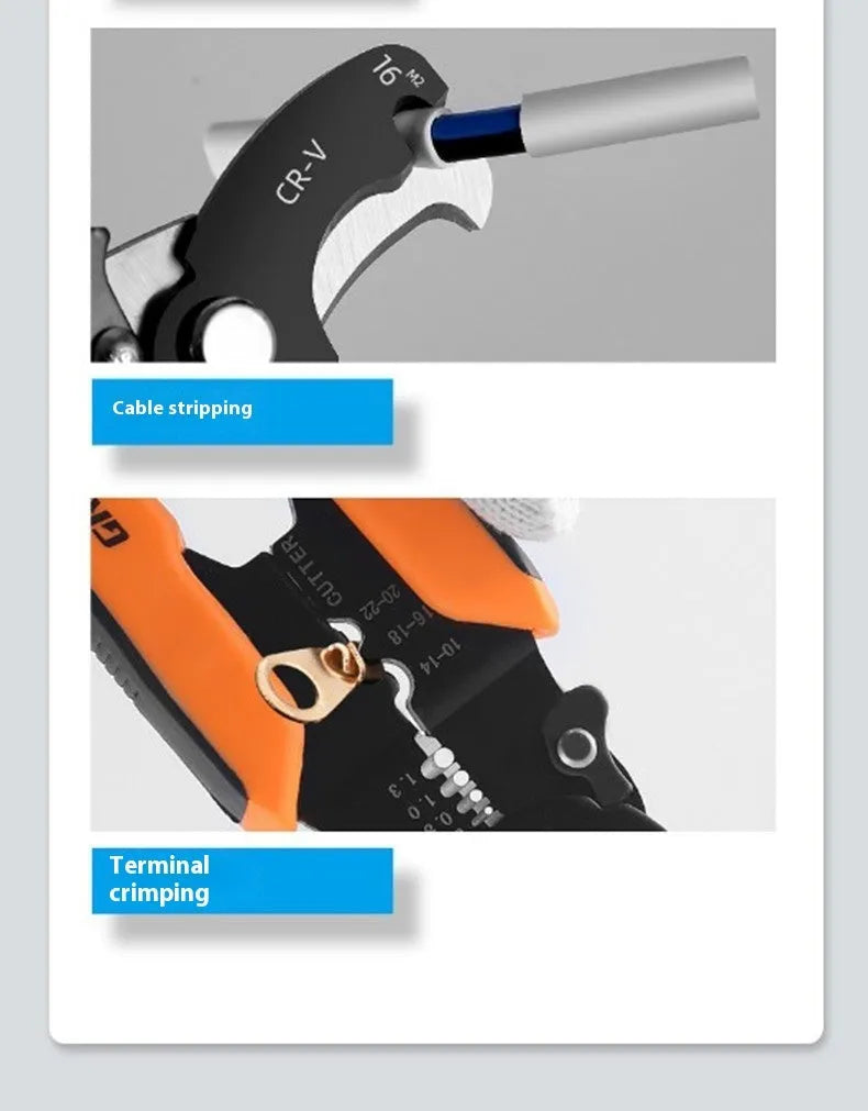 Fully automatic wire stripping pliers tool with high carbon steel blades on a workbench.