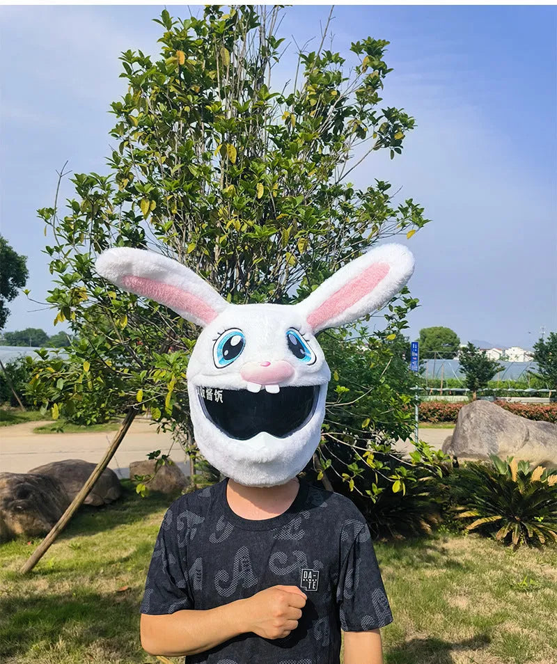 White rabbit head plush helmet cover for electric motorcycle with long ears
