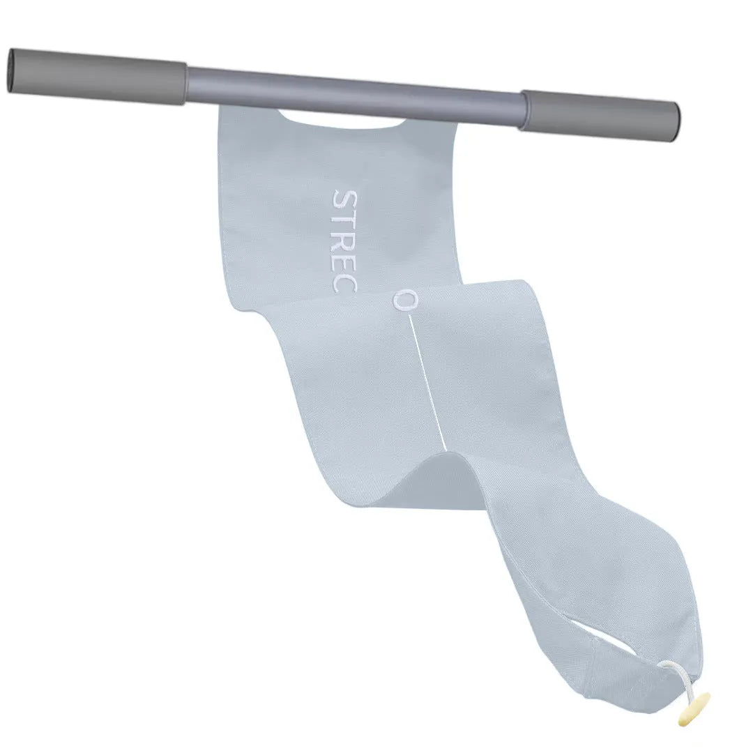 Grey and pink yoga multi-function stretching tool for shoulder, back, and hip flexibility on a plain background.