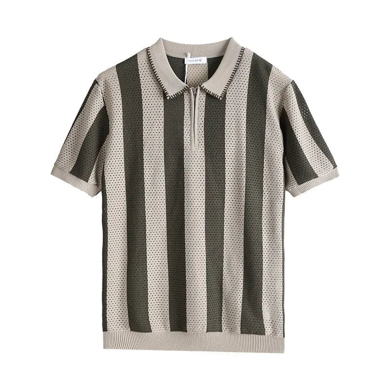 Men's striped short sleeve summer sweater with zipper decorations in viscose fabric