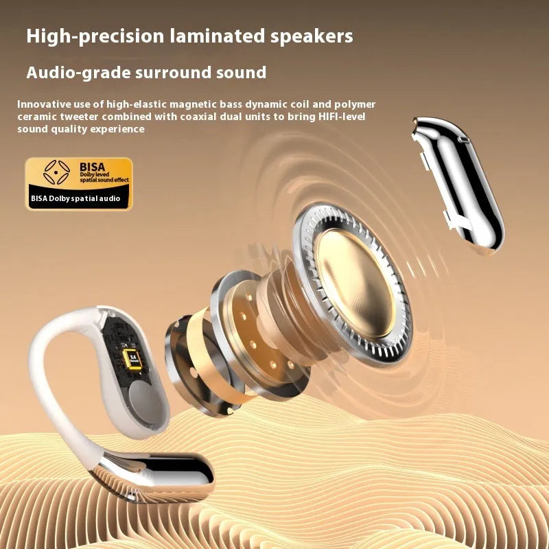 Ear-mounted Bluetooth headset with LCD colour screen and AI translation in silver, side view