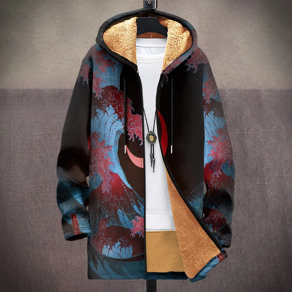 Man wearing a loose-fit, zip-up hooded cardigan with a multicolour digital print pattern.