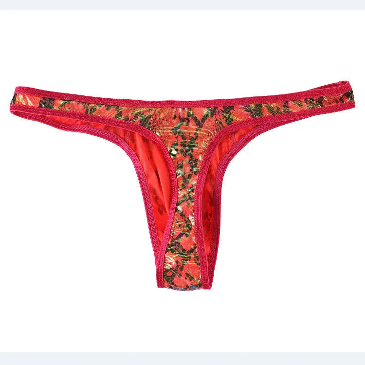 Men's camouflage snake print thong underwear in green colour showing low-waist T-back design