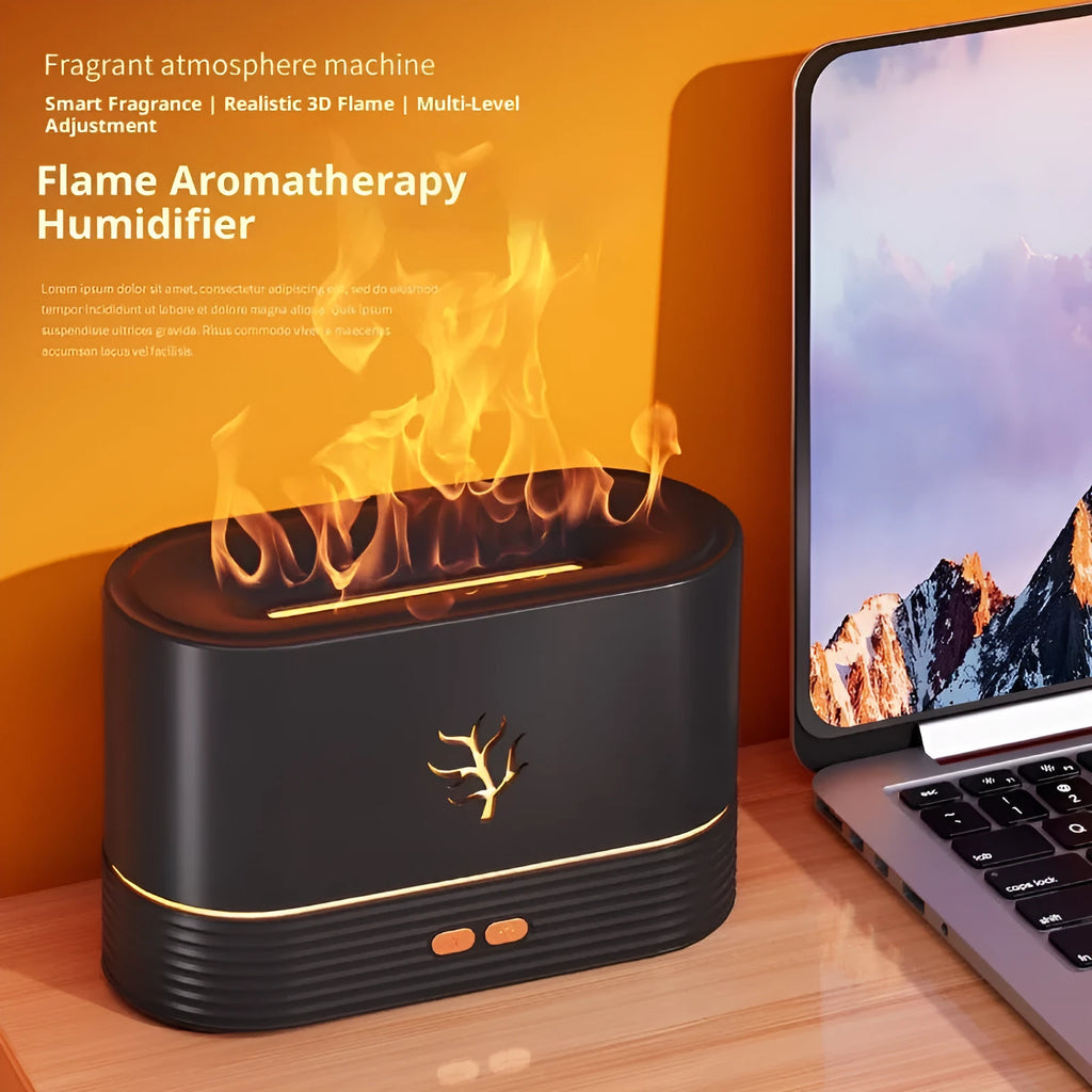 Square plastic USB aroma diffuser with 3D simulation flame effect and ambience light in white