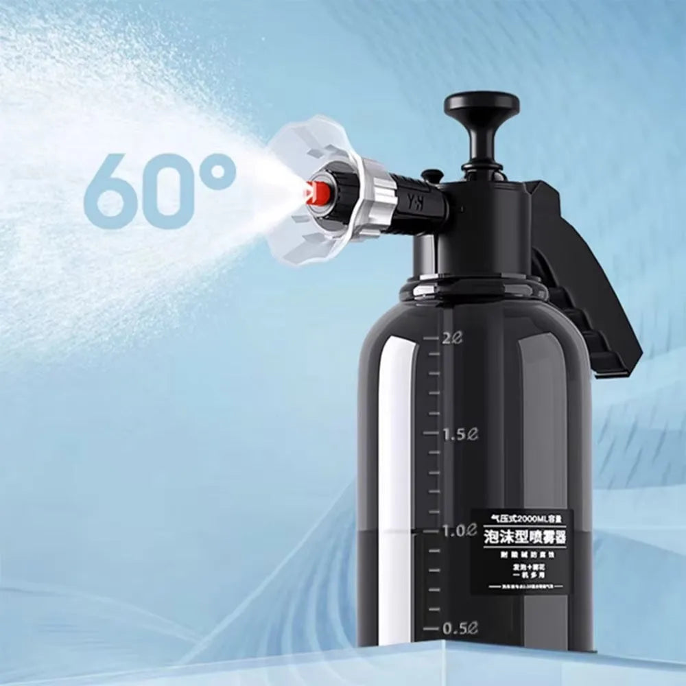 2L black manual car wash foam sprayer with hand-press pump, fan nozzle, and explosion-proof PP body