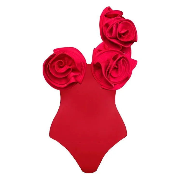 Women's solid red one-piece swimsuit sleeveless design polyester fabric