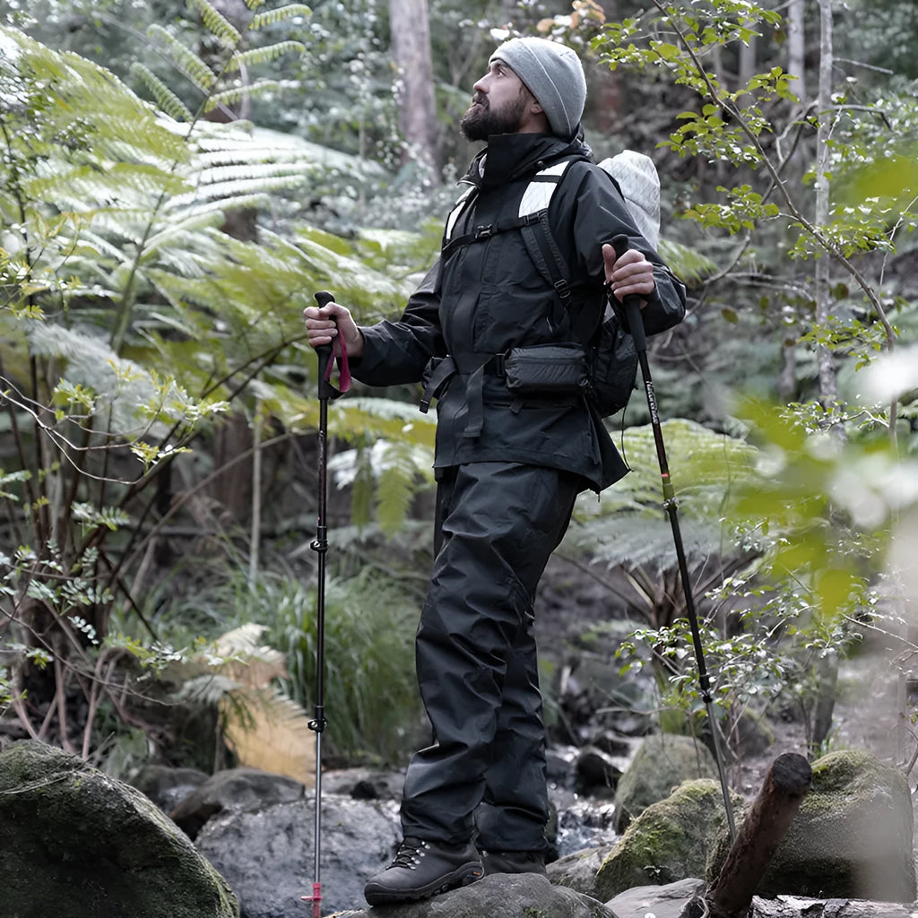 Black polyester outdoor hiking pants, windproof and rain trousers, sizes M to XXL