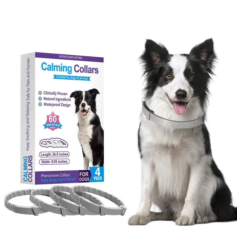 Pack of four monochrome patterned TPR dog anxiety relief collars in assorted colours, laid flat showing 62cm length.