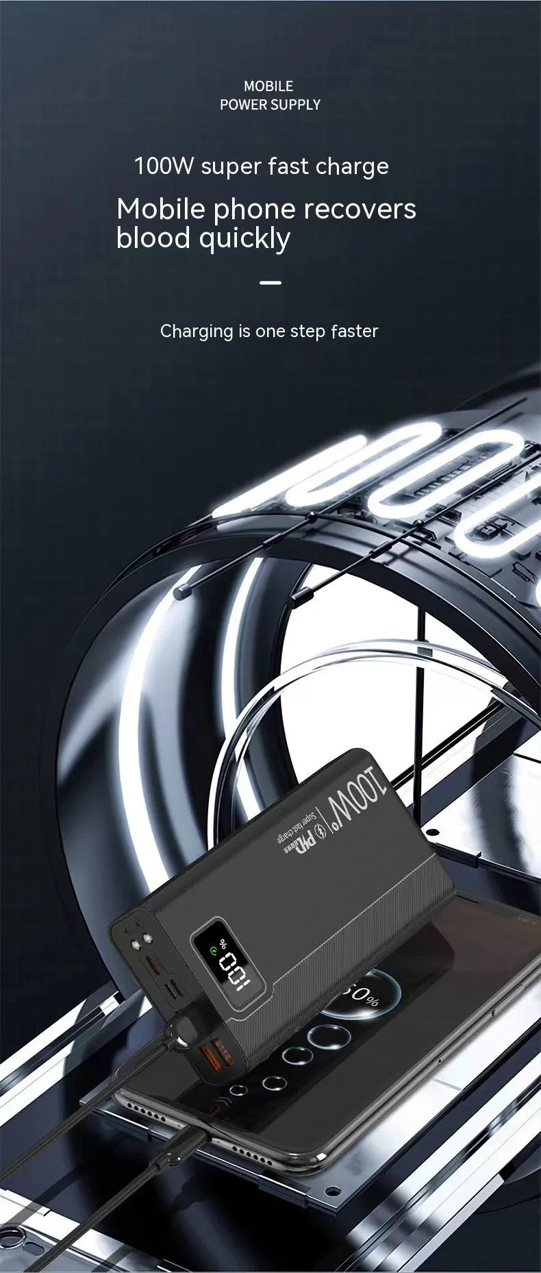 Large capacity power bank in black or white plastic casing showing front panel with charging ports