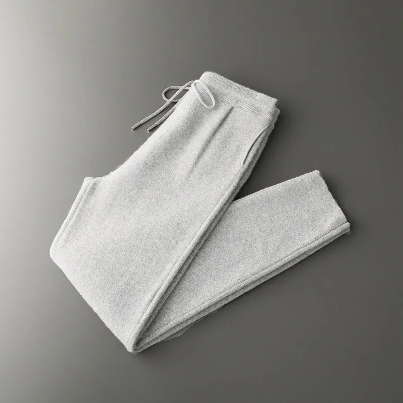 Men's loose cashmere trousers in light camel colour; winter casual wear with elastic waist