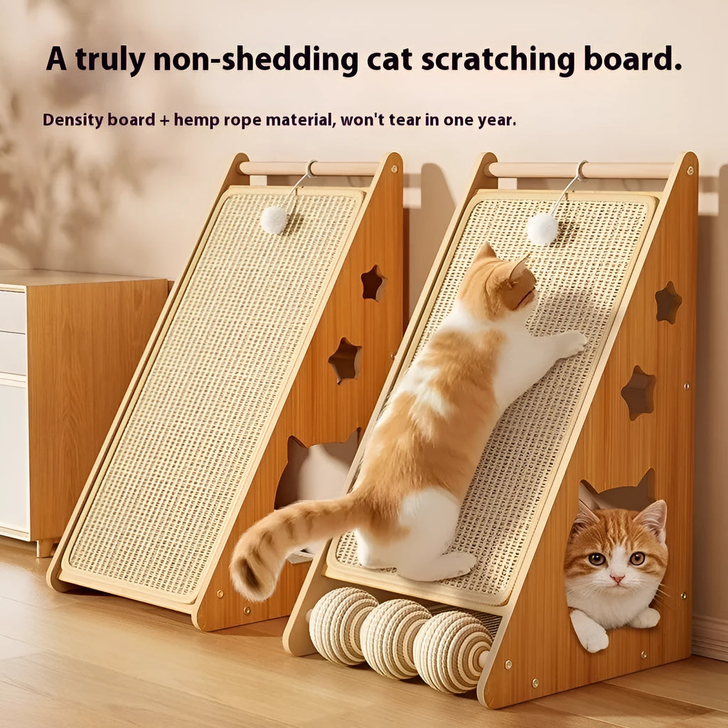 Vertical cat scratch board with hemp rope elements mounted to wall