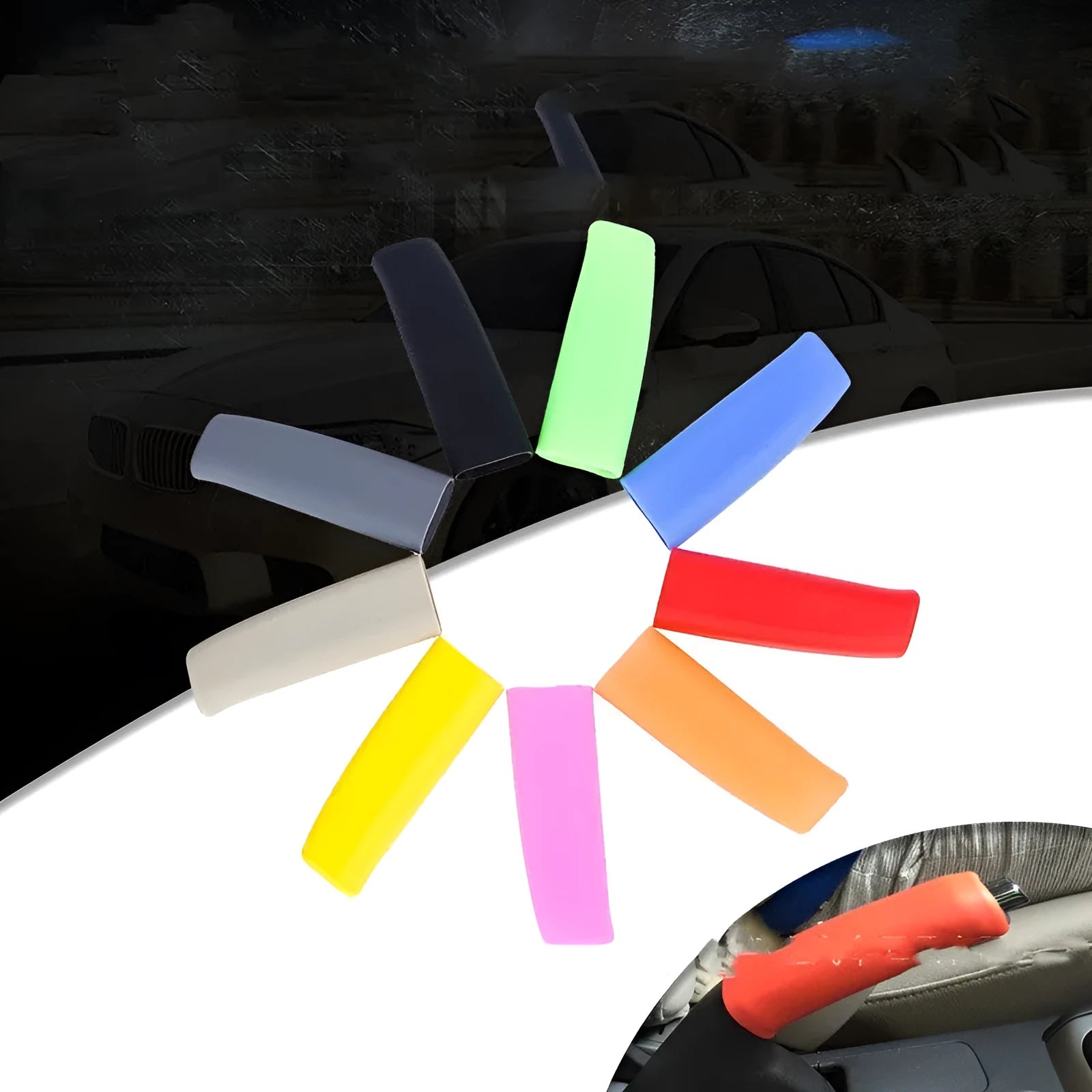 Silicone handbrake sleeve cover shown in different colours next to a car handbrake lever.