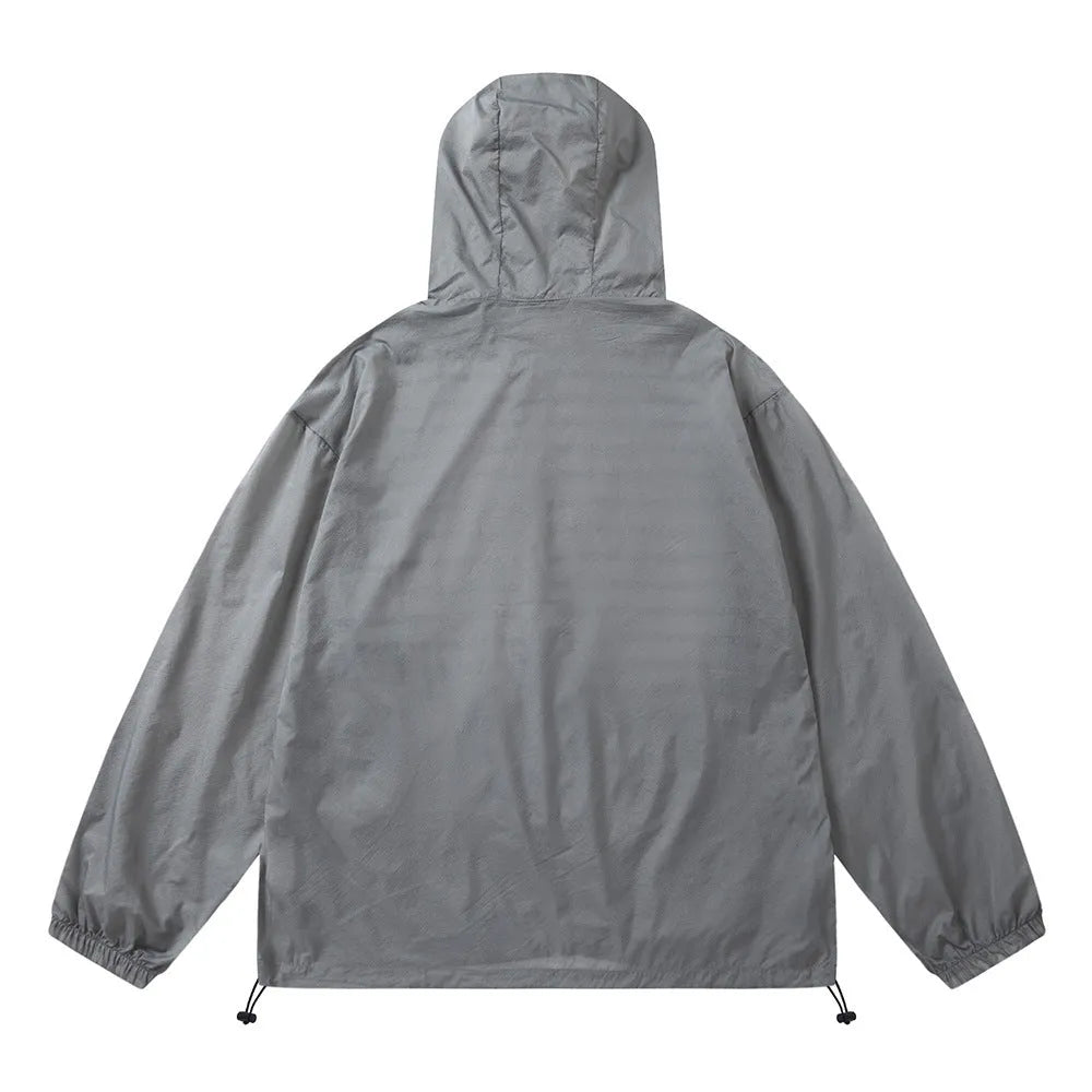 Men's lightweight nylon sun protection jacket with letter print, available in grey or black, sizes M to XXL