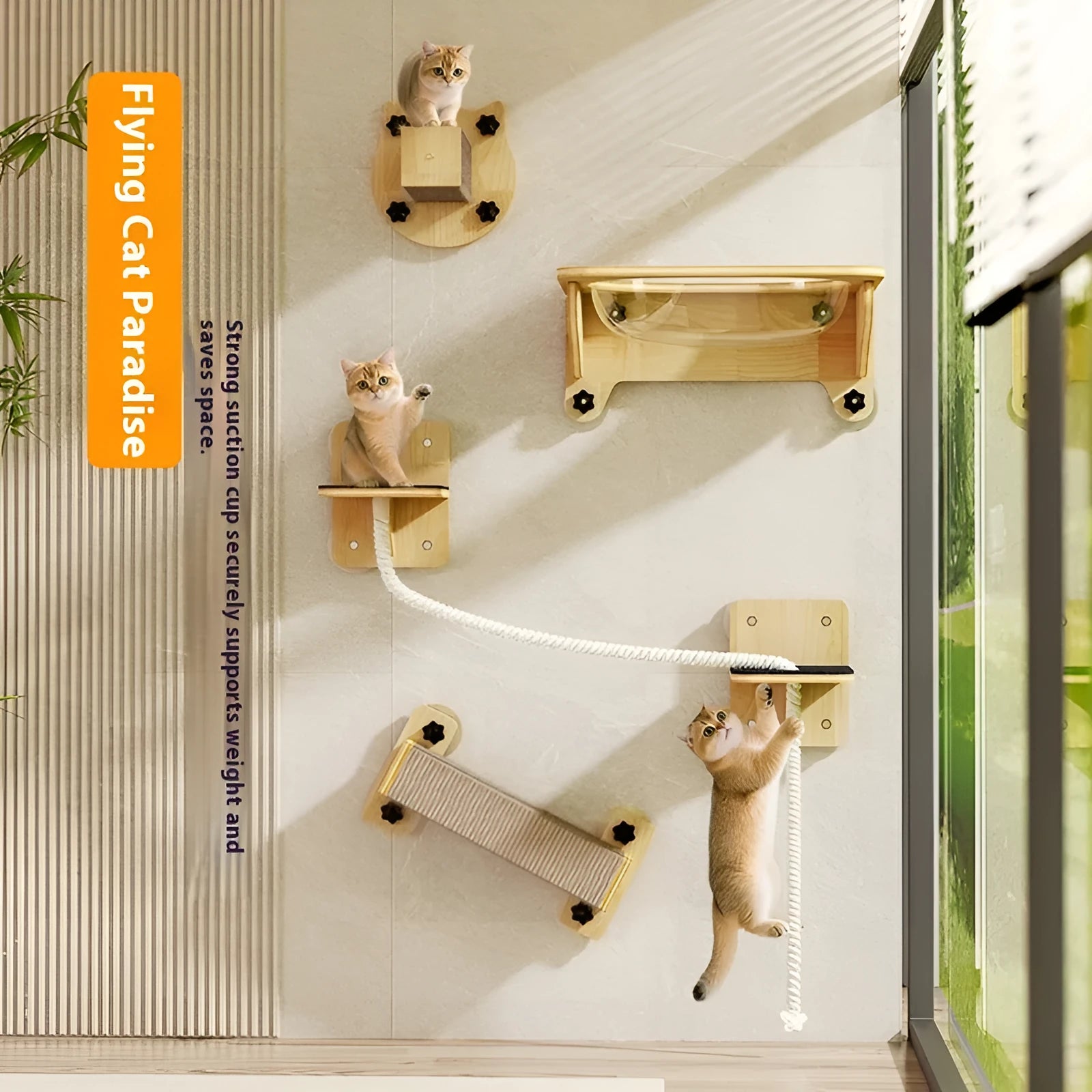 Suspended space capsule cat scratcher with sisal rope, mounted on a window via sucker pads