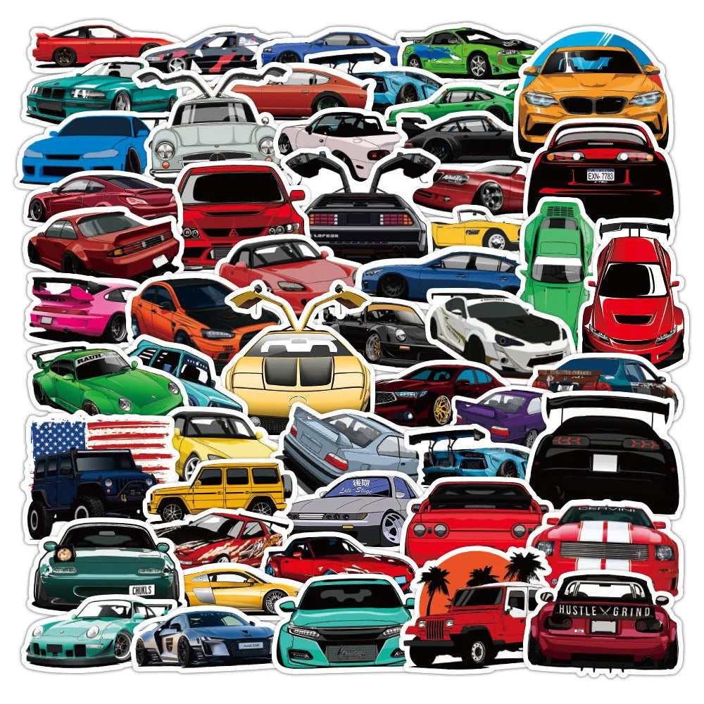 50 modified racing car graffiti stickers, 5-8cm adhesive decals for luggage and laptop decoration