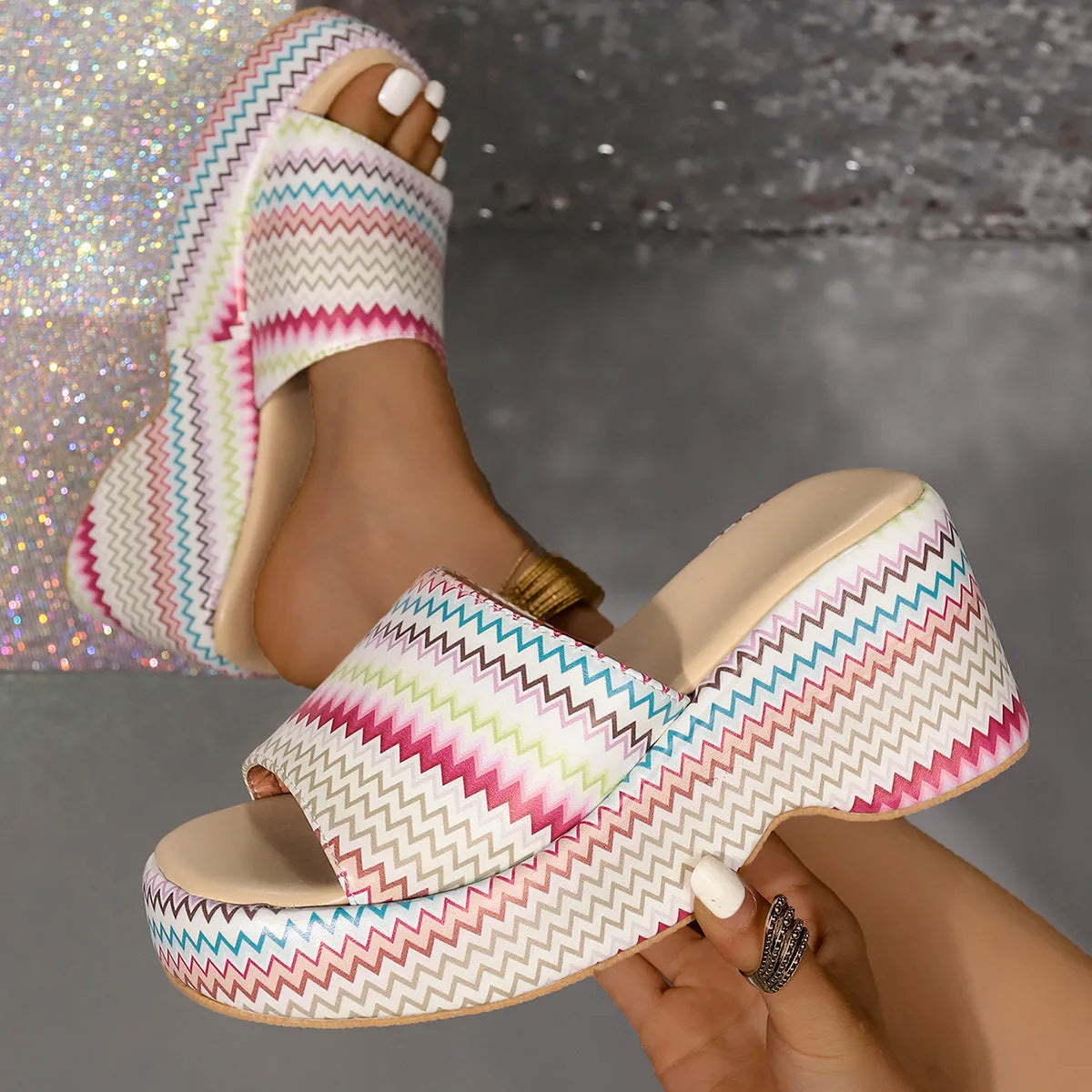 Colourful wave print wedge sandals for women with fish mouth open toe and rubber sole.