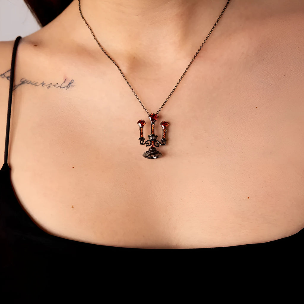 Gothic women's clavicle chain necklace with hollow retro candlestick zinc alloy pendant on a cross chain.