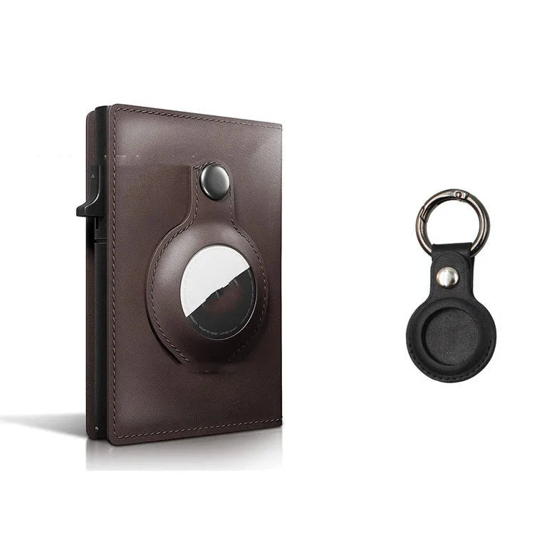 Genuine leather Crazy Horse card holder wallet with multiple card slots and air tag compartment in brown finish