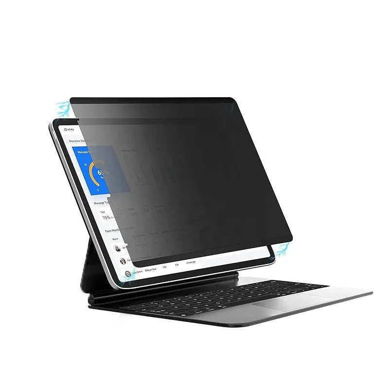 Magnetic suction iPad privacy screen protector film with storage clip on an iPad Pro.