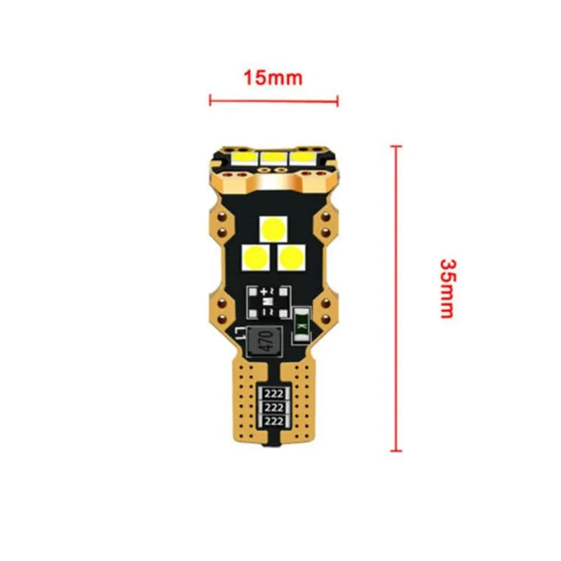 Single T15 format car reverse light bulb with white light and PVC housing.