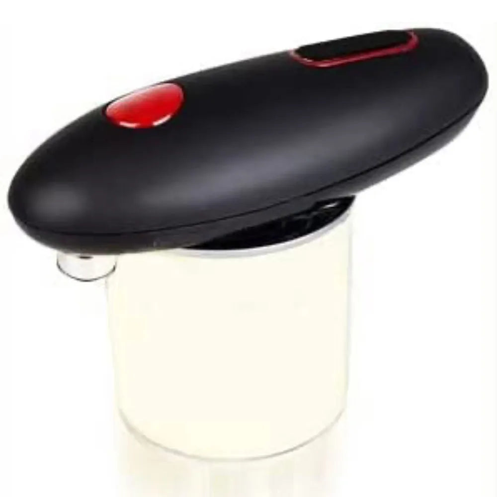 Black electric can opener gadget for opening cans, jars, and bottles