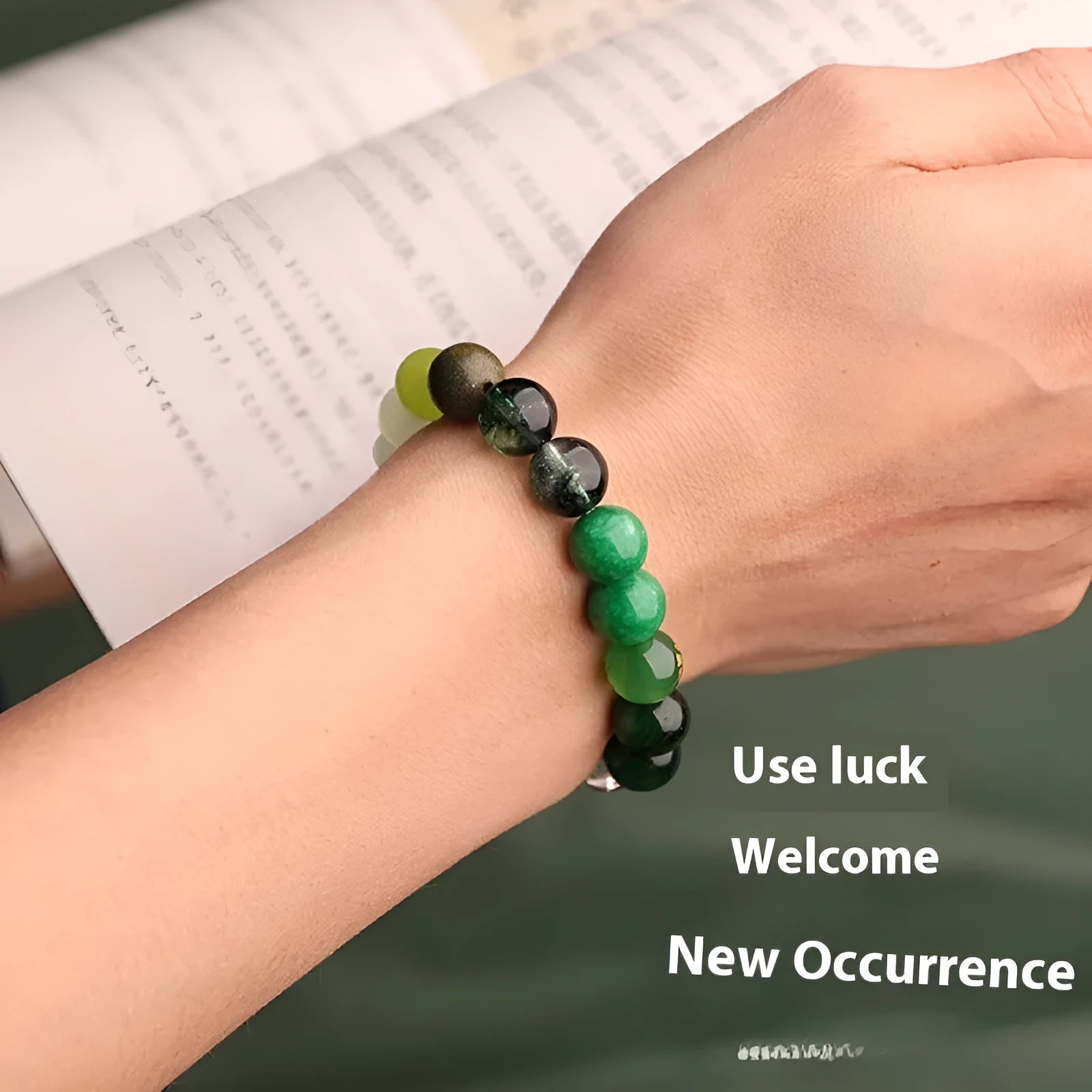 Natural agate balance energy bracelet with traditional symbols in wood gold water fire earth colours