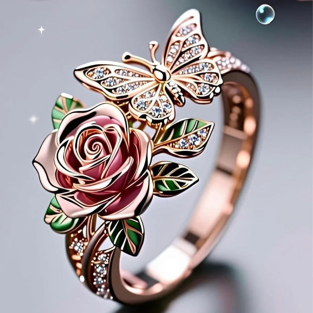 Adjustable fairy style personality ring with colourful oil butterfly and floral insect leaf design in alloy