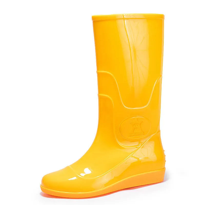 Men's white plastic high ankle rain boots with flat sole and round toe design